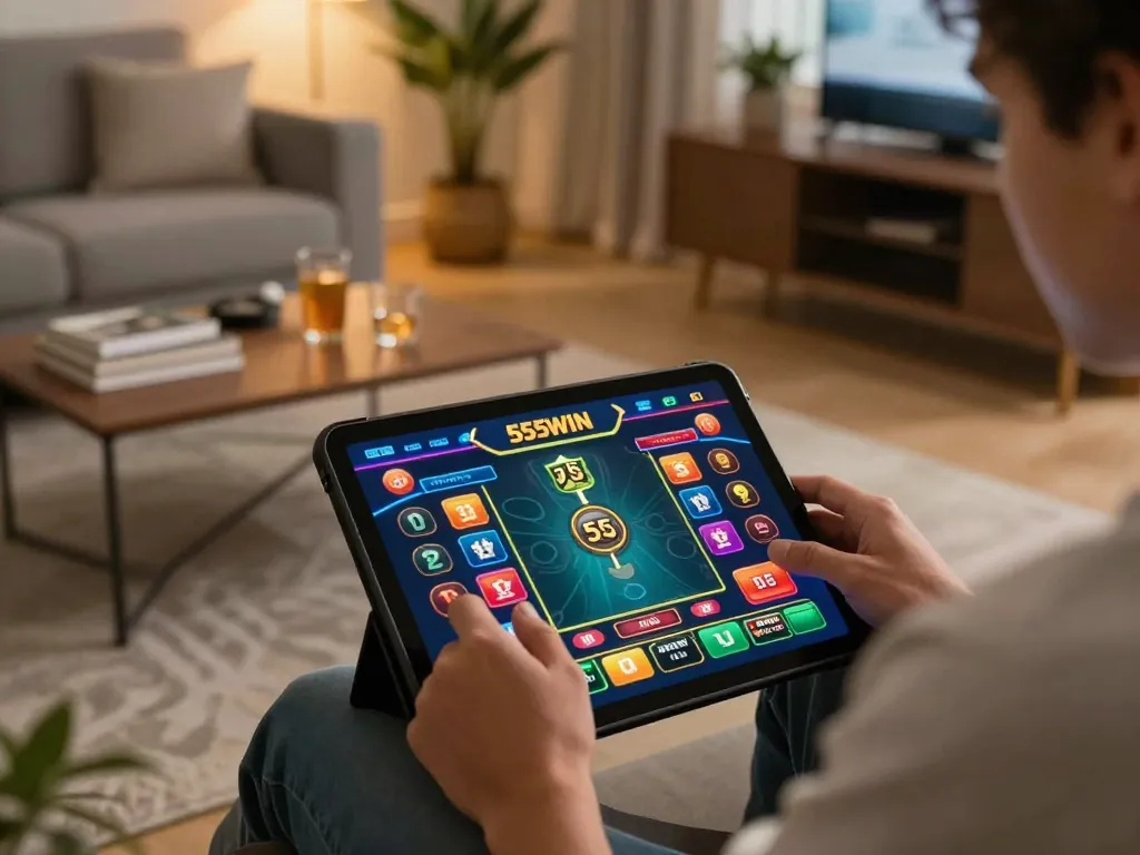 Experience exciting gameplay with Link 555WIN on an engaging tablet interface in a cozy home setting.