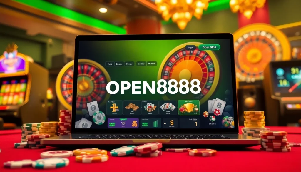 Experience the excitement of OPEN888 through a luxurious online casino setup with vibrant poker chips and a roulette wheel.