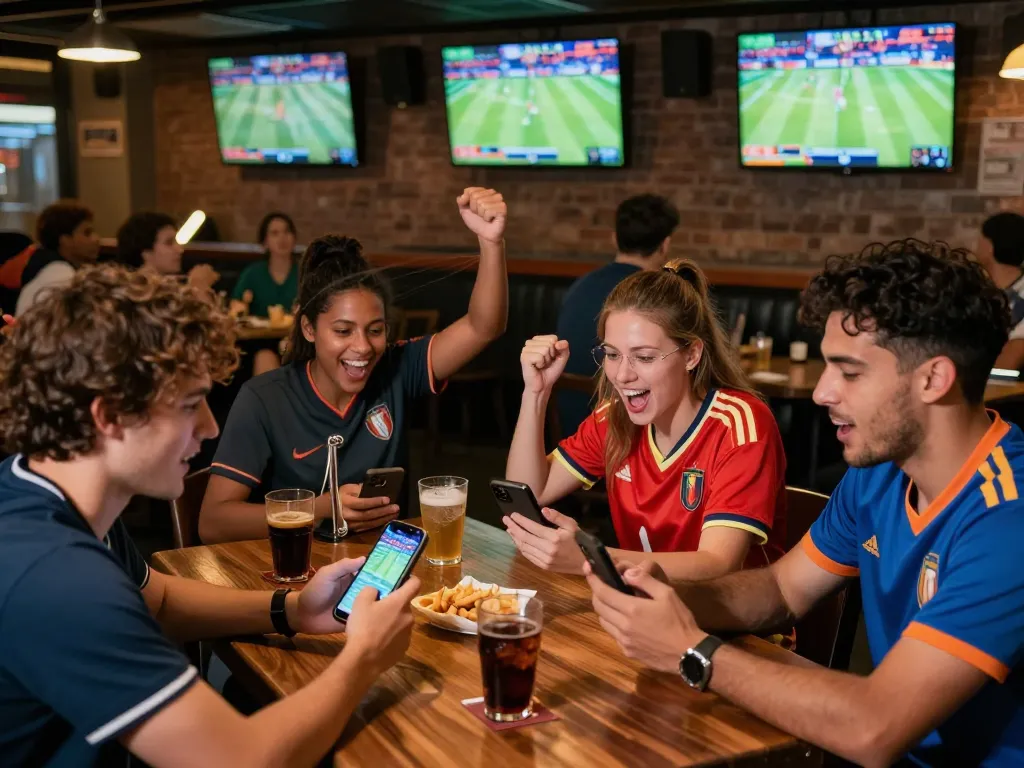 Placing bets at SHBET during an exciting sports event at a lively bar with friends.