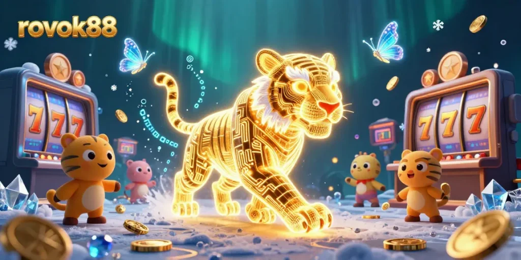 Experience thrilling wins at rokok88 as a golden tiger prowls a vibrant casino filled with slot symbols and energy.