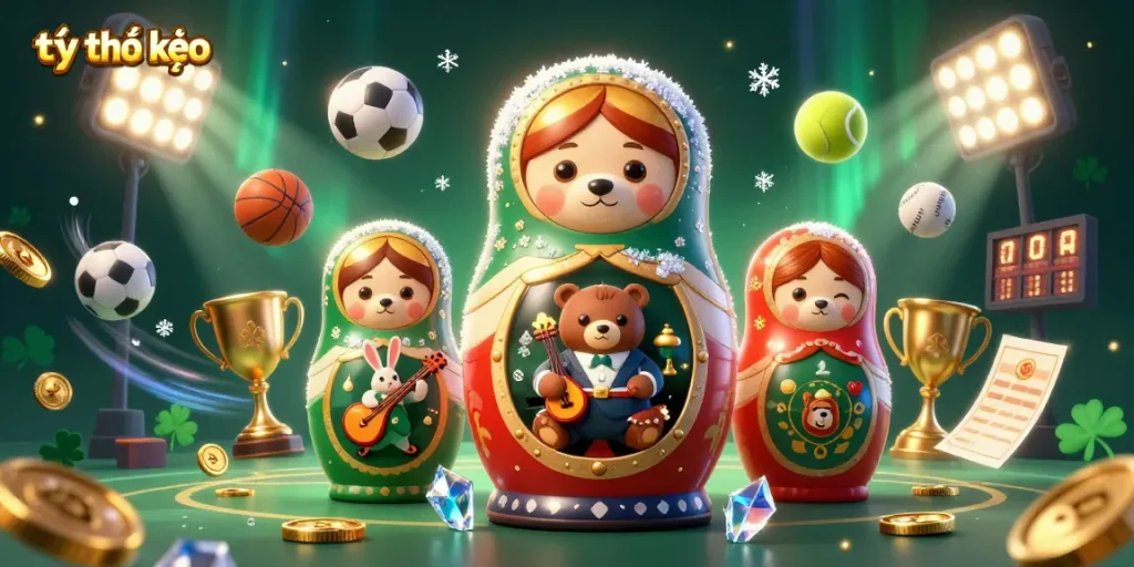 Engage with tỷ lệ kèo in this dynamic sports betting illustration featuring vibrant characters and casino elements.