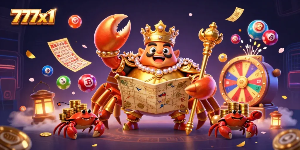 Experience thrilling wins at 777x1 with golden crab emperor leading a dynamic casino celebration.