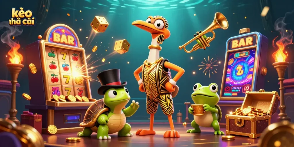 Engage with kèo nhà cái dynamically through a vibrant casino scene featuring animated characters and jackpot excitement.