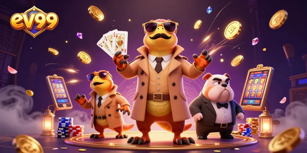 Experience thrilling gaming with ev99's VIP casino, featuring playful raptors and dazzling rewards.