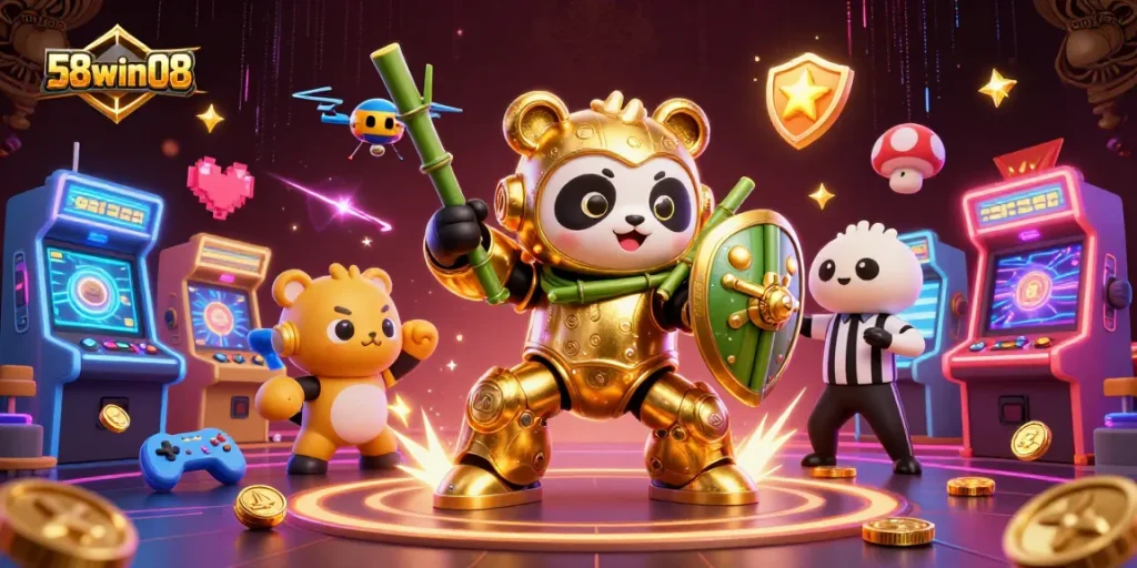 Engage with exciting games at 58win08, showcasing a dynamic 3D illustration scene with fun gaming elements.