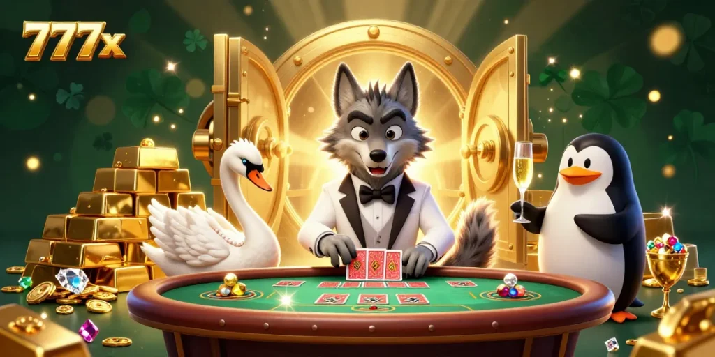 Experience the thrill of 777x with a vibrant 3D casino scene featuring a wolf, swan, and penguin!
