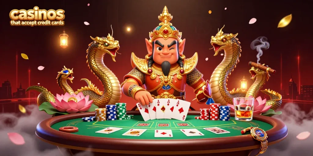 Engaging scene depicting casinos that accept credit cards with vibrant poker action and 3D characters.
