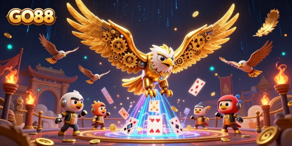 Experience thrilling action at GO88 with a dynamic scene featuring a golden eagle, holographic cards, and rich casino elements.