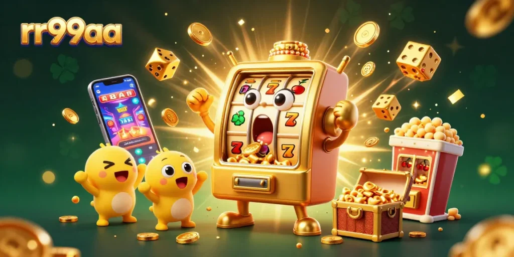 Experience the excitement of rr99aa as a golden slot machine hits the jackpot amidst vibrant casino visuals.