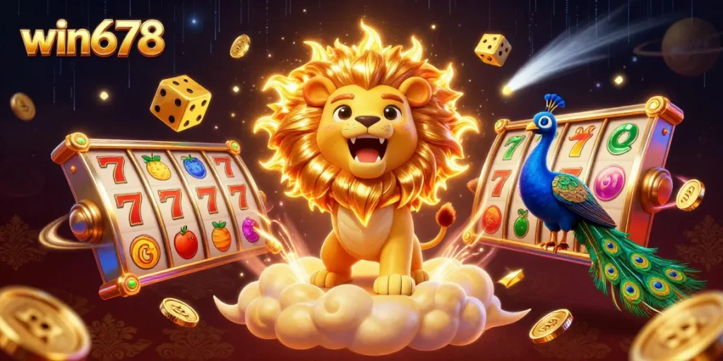 Win678 casino slots illustration featuring a roaring sun lion, colorful slot reels, and rich gold elements.