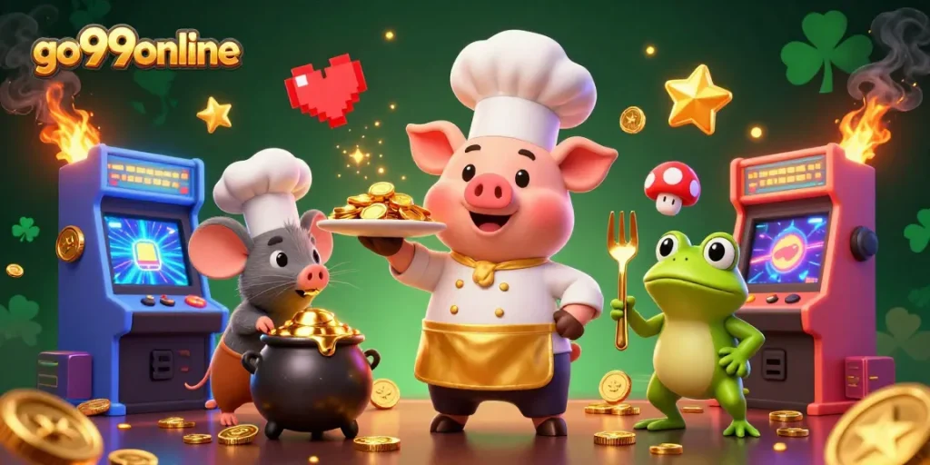 Join the excitement at go99online with a chef pig serving gold coins, a mouse and frog, and vibrant gaming elements.