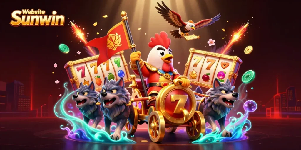 Join the adventure at Website Sunwin with the vibrant casino-themed scene featuring a rooster warlord and slot reels.
