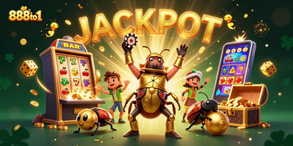 Experience the excitement of winning at 888to1 with a playful beetle duo celebrating in a vibrant casino.